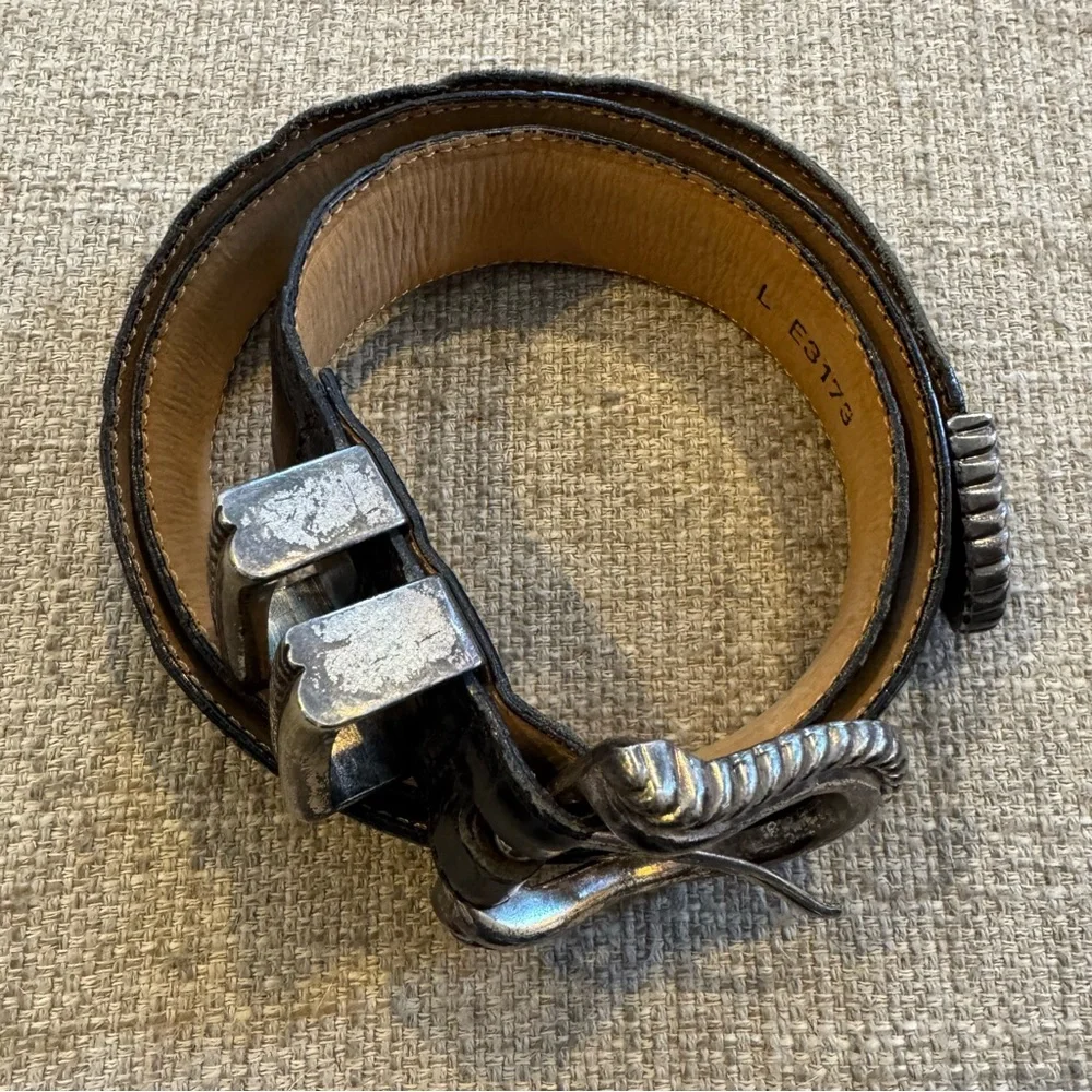 Vtg 1993 - Brighton - Alligator Embossed Leather Belt -Black & Silver - S/M